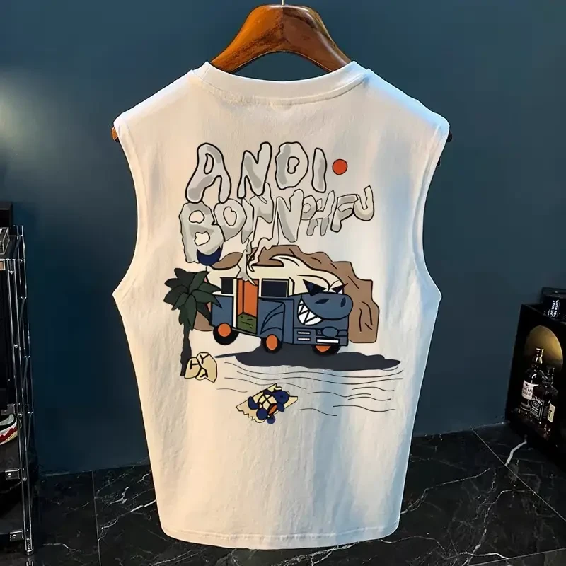 美式复古坎肩背心男潮流圆领无袖男士运动休闲宽松港风个性印花