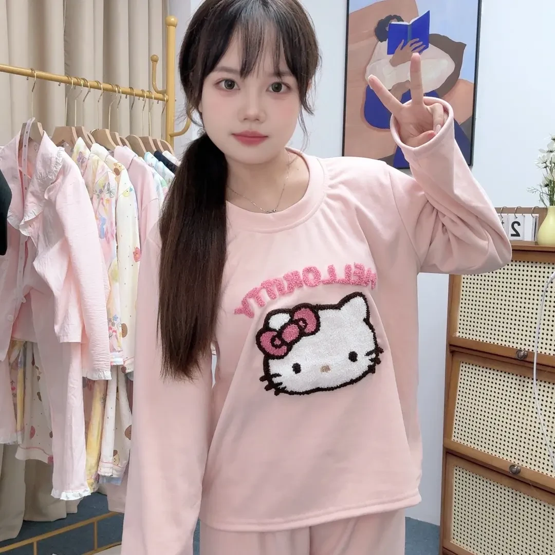 日系卡通KT猫德绒长袖睡衣女款春秋冬季可外穿家居服