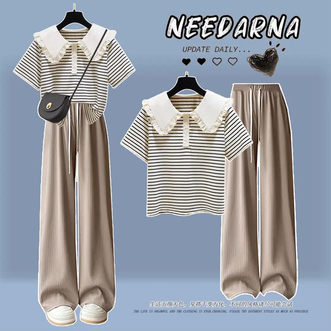 少女夏季休闲套装初中小学生韩版娃娃领T恤女孩冰丝阔腿裤两件套