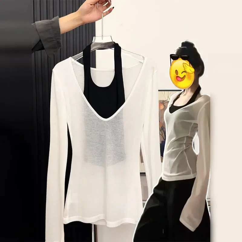 纯欲风白色v领薄款t恤女夏季2025新款设计感宽松显瘦防晒上衣罩衫