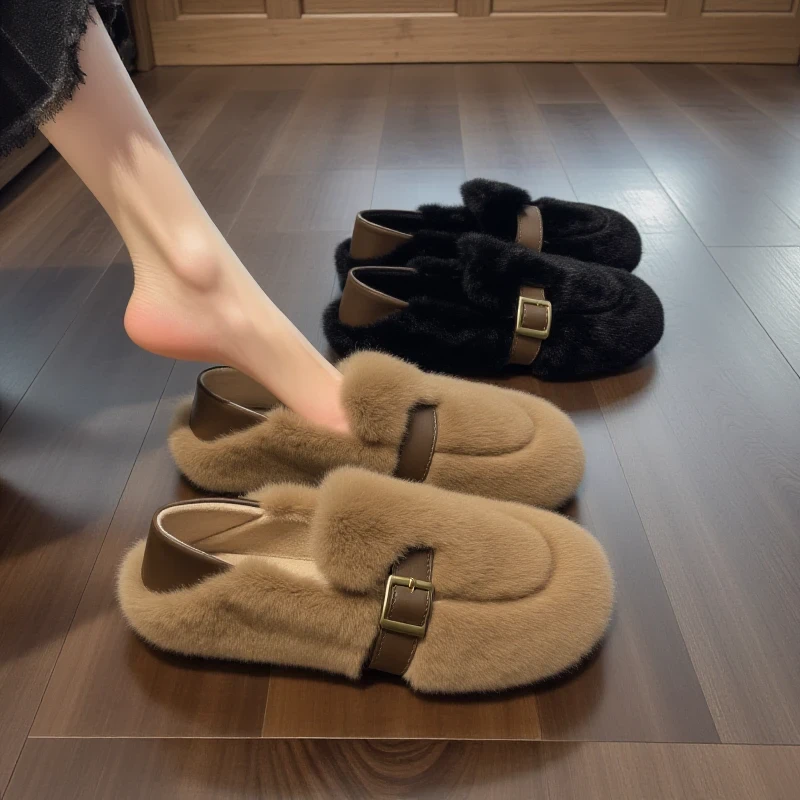 毛毛鞋女2025新款秋冬加绒棉鞋豆豆鞋孕妇棉瓢鞋洋气外出毛毛拖鞋