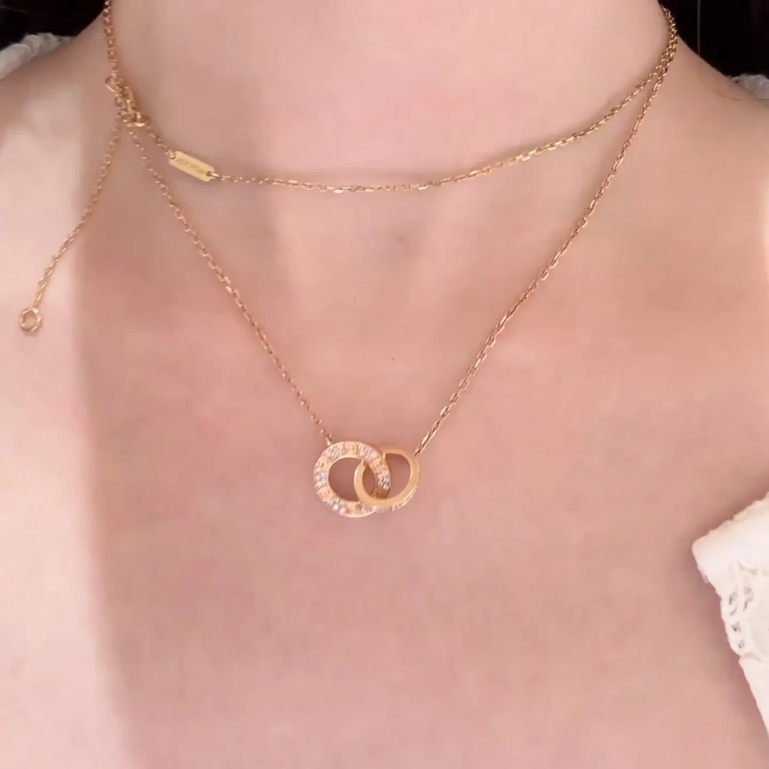 吊坠925银锆石 卡家满天星双环项链圆饼满钻 银镀18K玫瑰金锁骨链