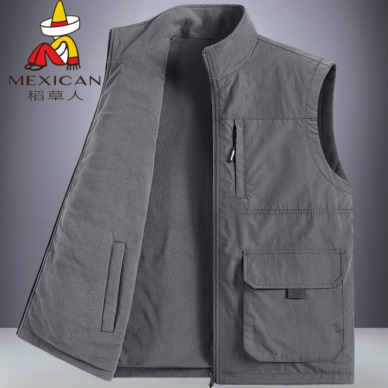 Mexican/稻草人秋冬季双面穿马甲男士抓绒背心摇粒绒坎肩加绒马夹