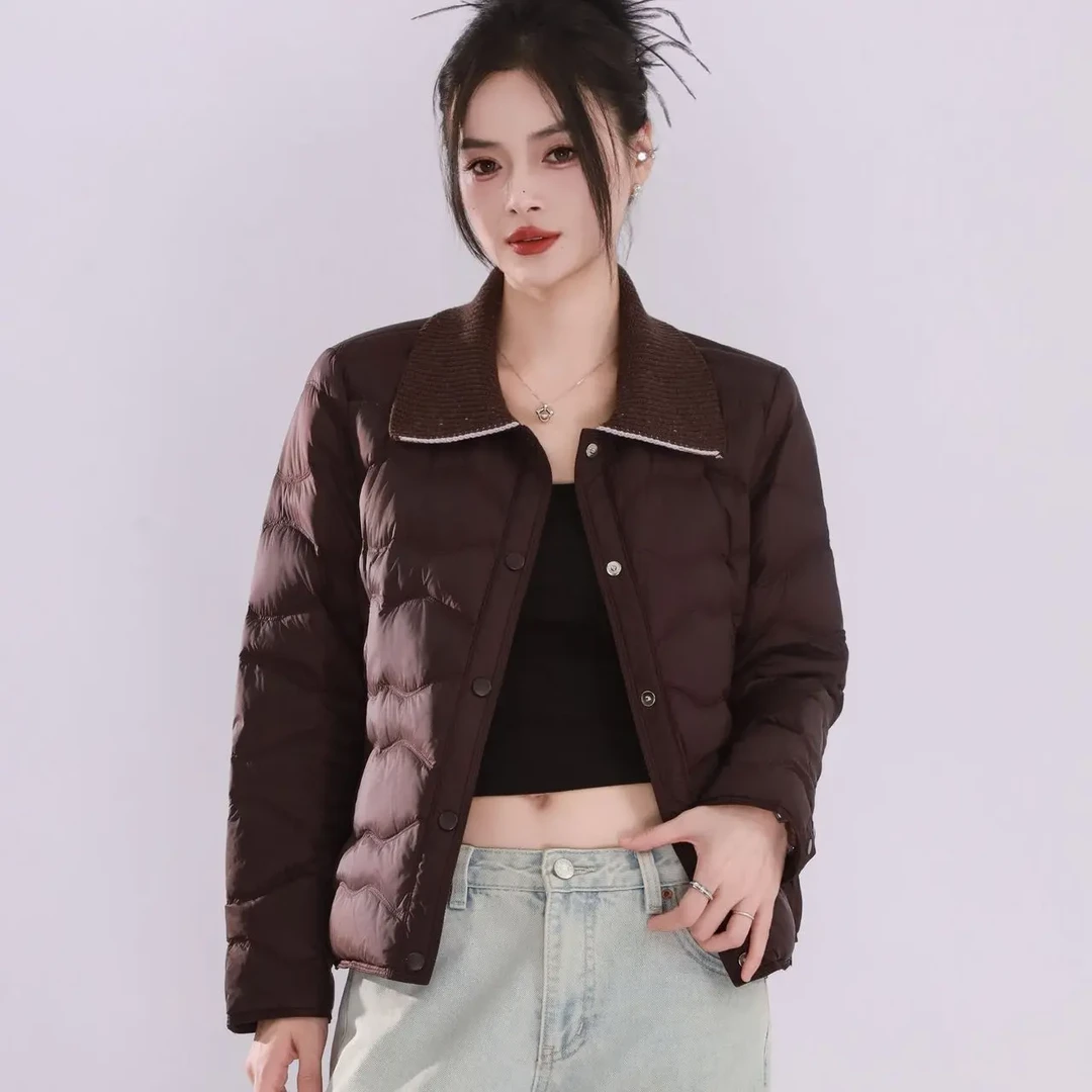 2025新款翻领短款羽绒服女拼接洋气显瘦轻职风薄款白鸭绒保暖外套