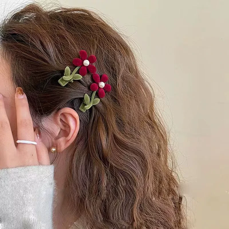 小红花植绒花朵发夹女秋冬新款侧边夹刘海夹鸭嘴夹子头饰合原创