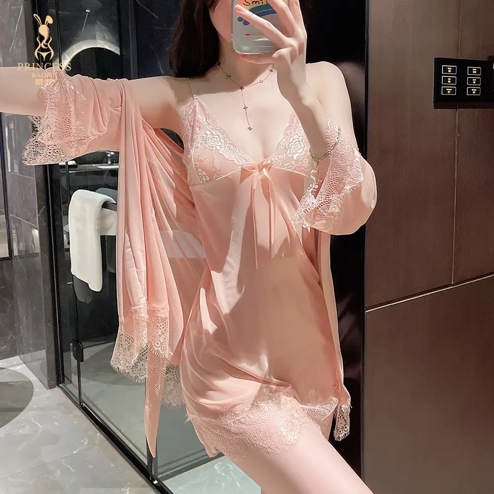 【少女】薄透蕾丝吊带睡裙4件装性感睡衣纯欲风修身情调大码情路诱