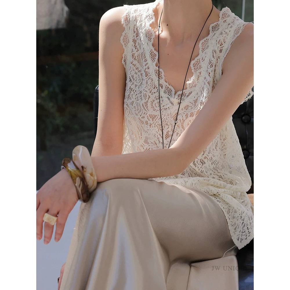 JWUNIQUE米白色蕾丝镂空吊带背心女2025夏季新款宽松百搭叠穿上衣