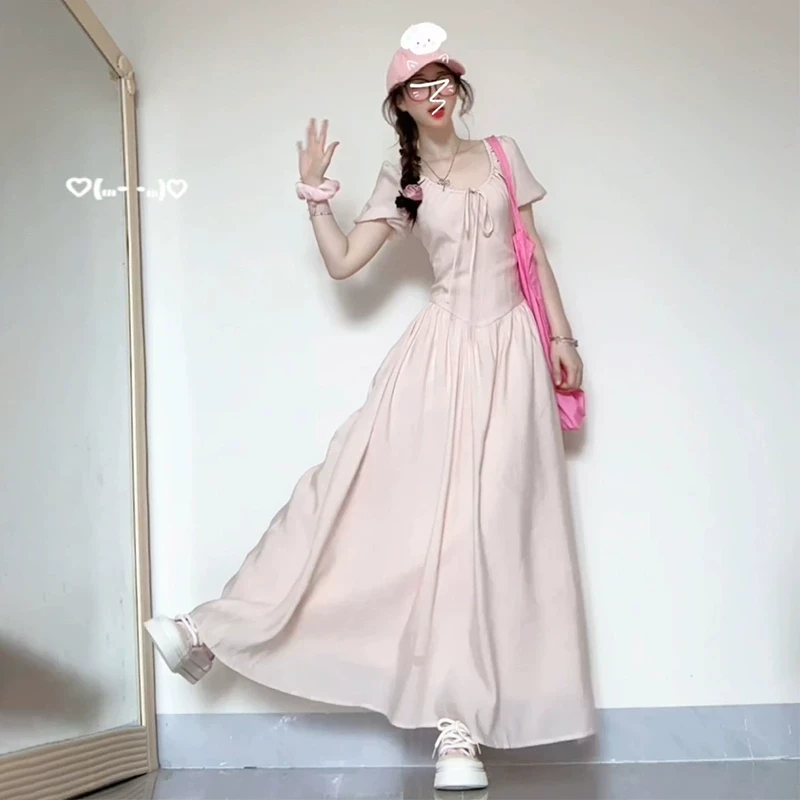 然然高个子女装穿搭夏季新款收腰减龄长款连衣裙超仙气质粉色长裙