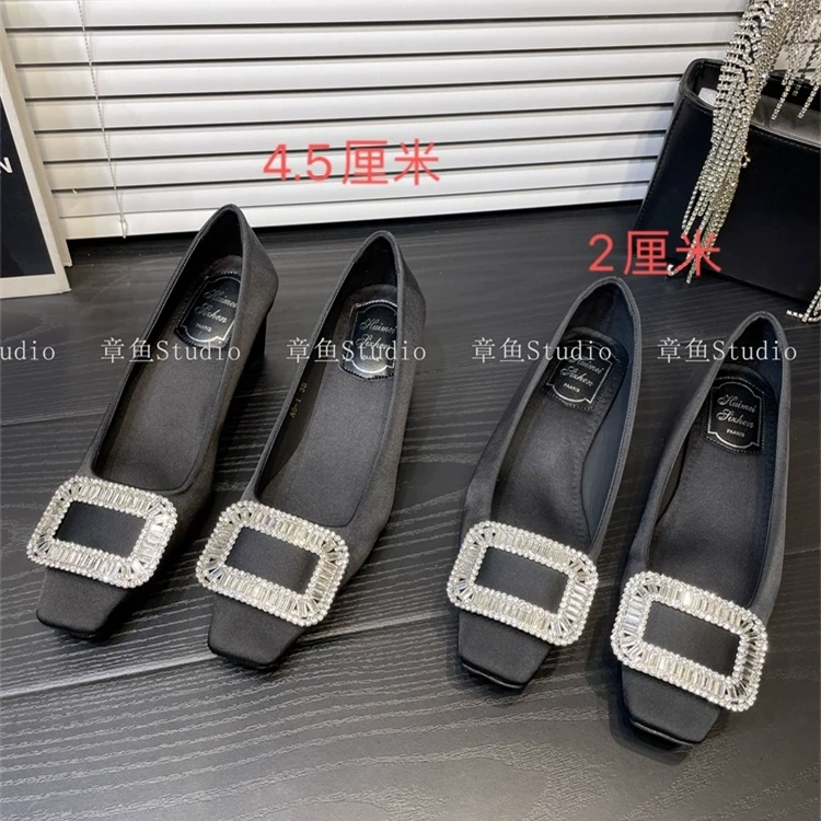 巴黎晚宴~法式绸缎水钻方扣浅口中跟方头单鞋女粗跟低跟气质婚鞋