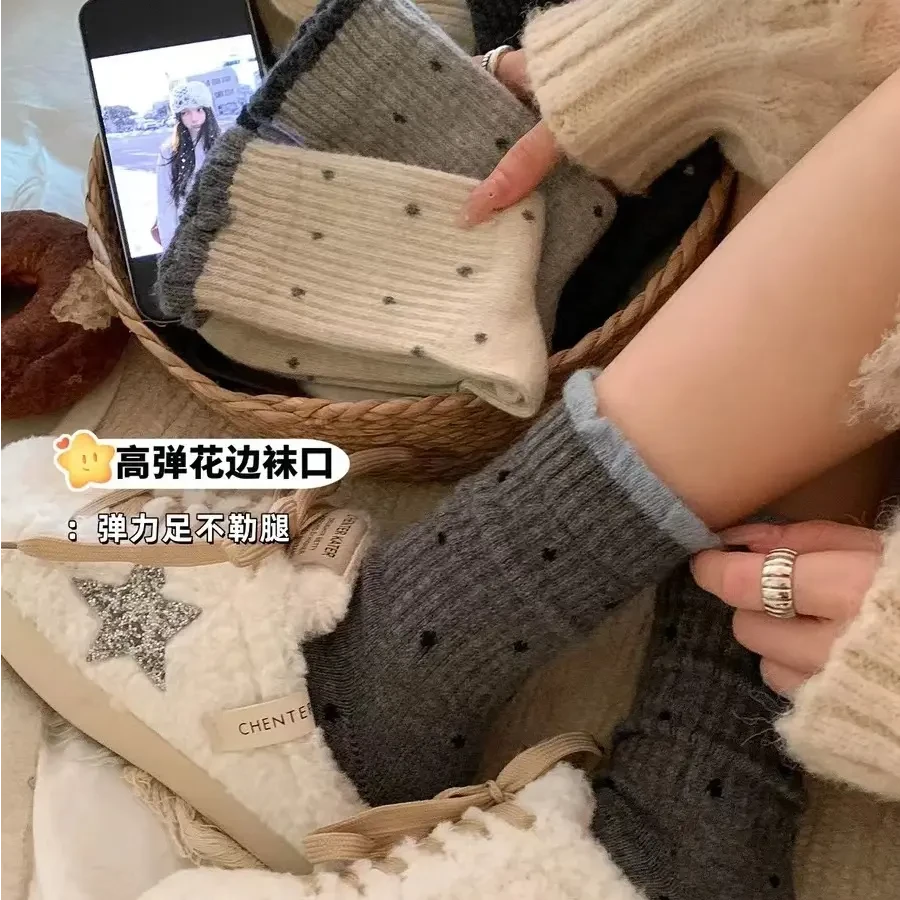 女秋季复古港风成人中筒波点短袜保暖秋冬季网红百搭