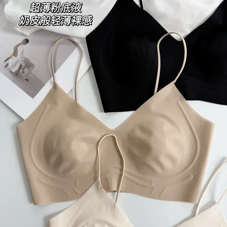 超薄无痕粉底液兔耳杯内衣女大胸显小胸细肩带隐形文胸背心式胸罩