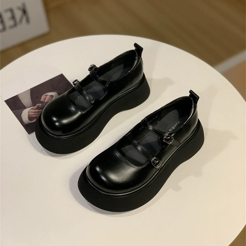 真皮学院风厚底玛丽珍女鞋2025春季新款一字扣带增高小皮鞋女单鞋