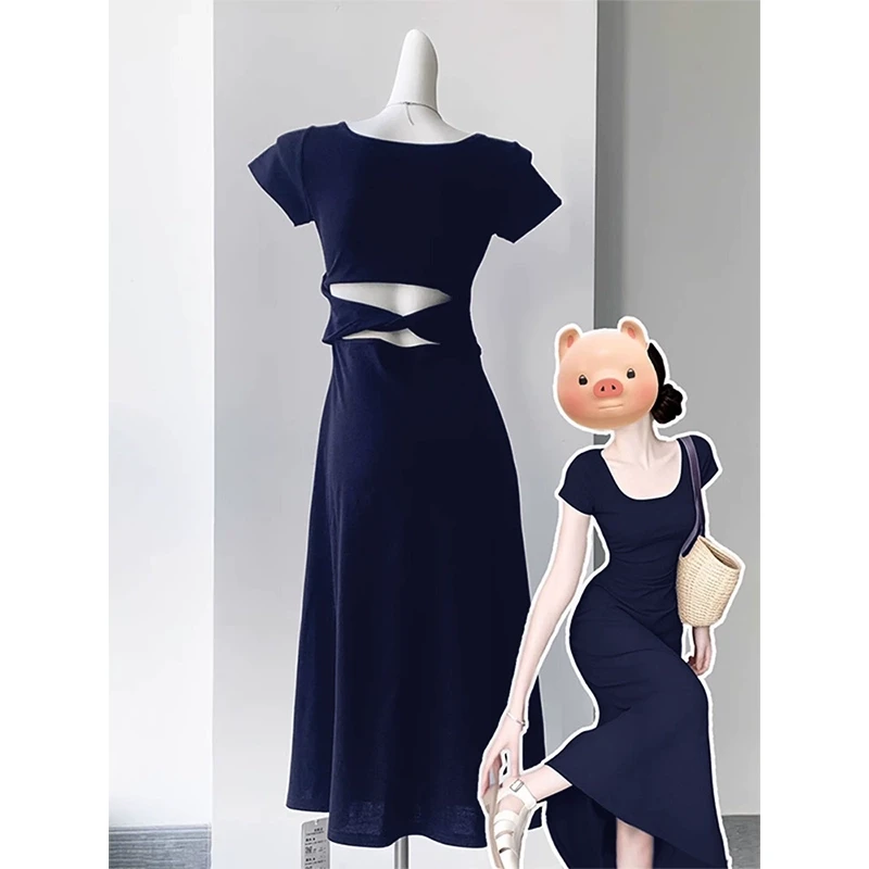 藏蓝色法式收腰连衣裙女2025新款a字长裙夏日独特漂亮掐腰小裙子