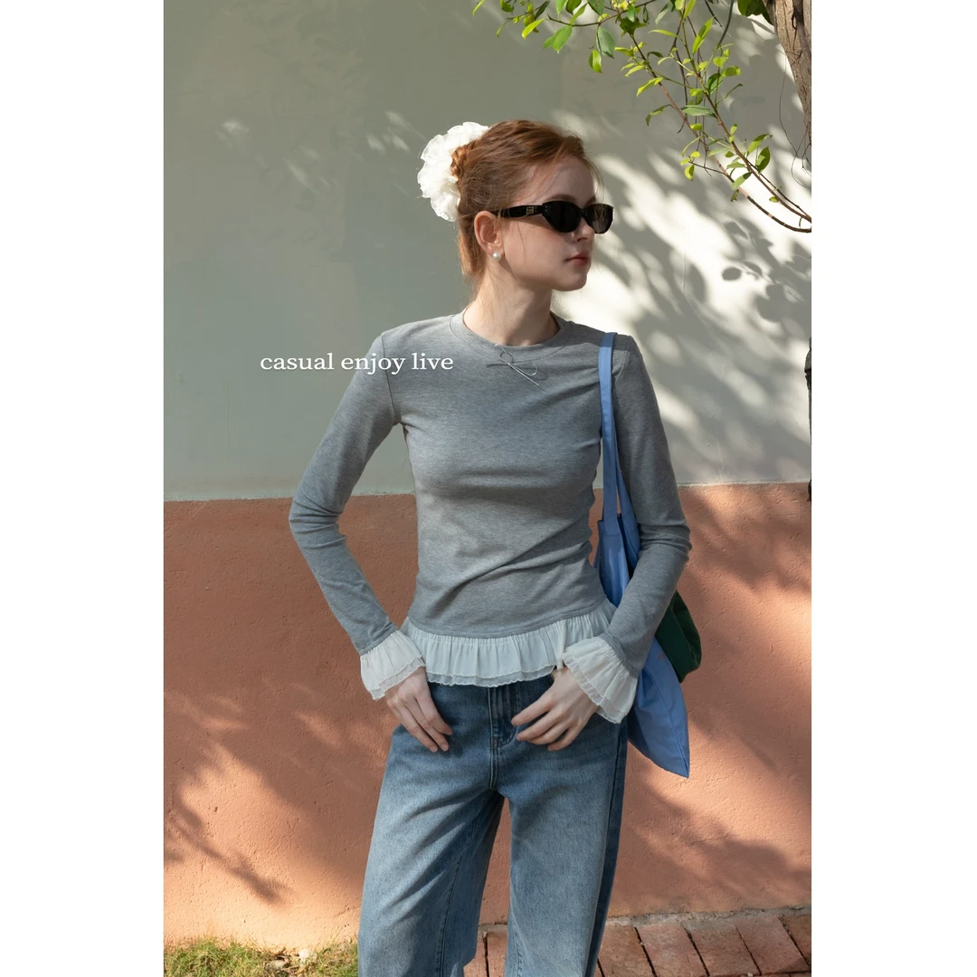 EGGKA【现现】“摆边月下”蝴蝶结圆领T恤女春修身显瘦上衣E24A3578AF