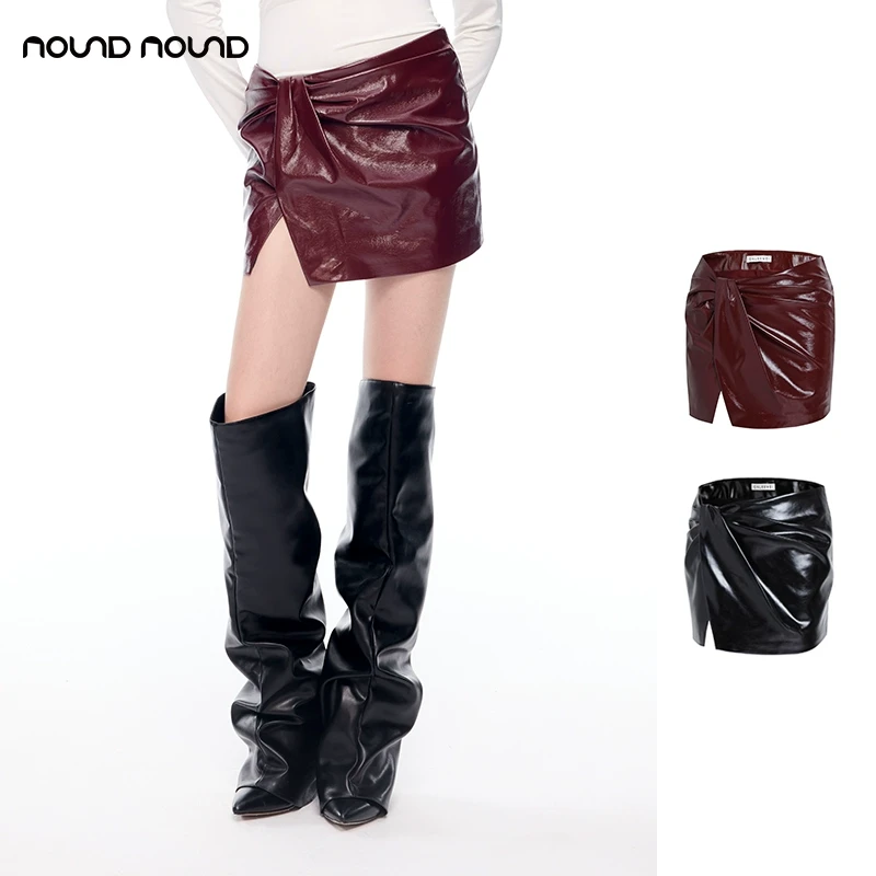 【LEEWEI】noundnound气质简约纯色扭结超短皮质半身裙女25春夏新款