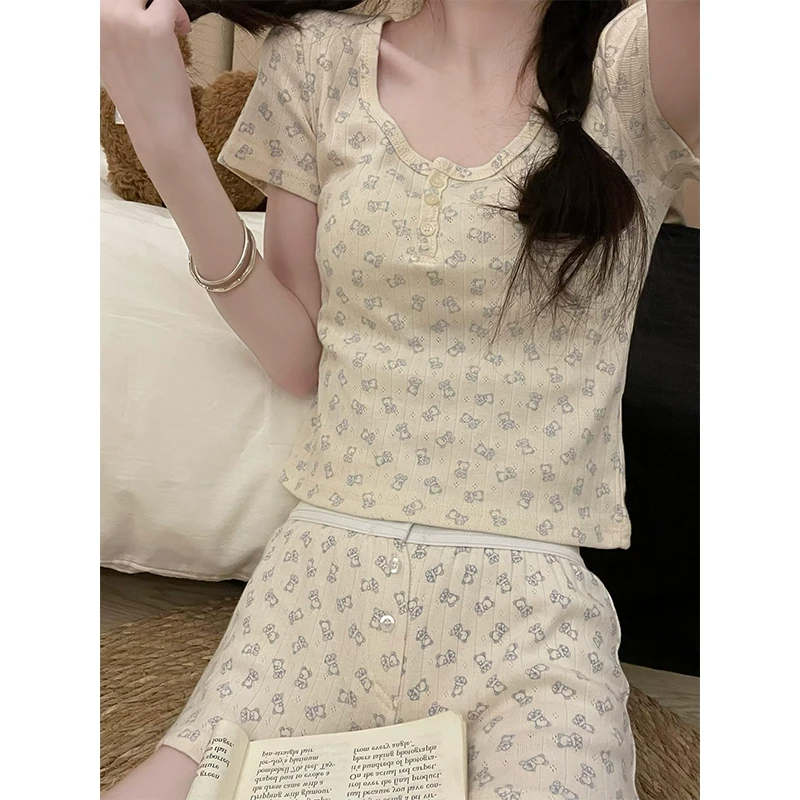 ​​ins风甜美少女卡通小熊短袖家居服两件套夏季新款修身睡衣套装​