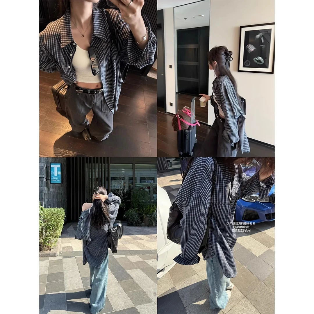 格纹POLO领格子衬衫女宽松百搭防晒复古长袖上衣外套