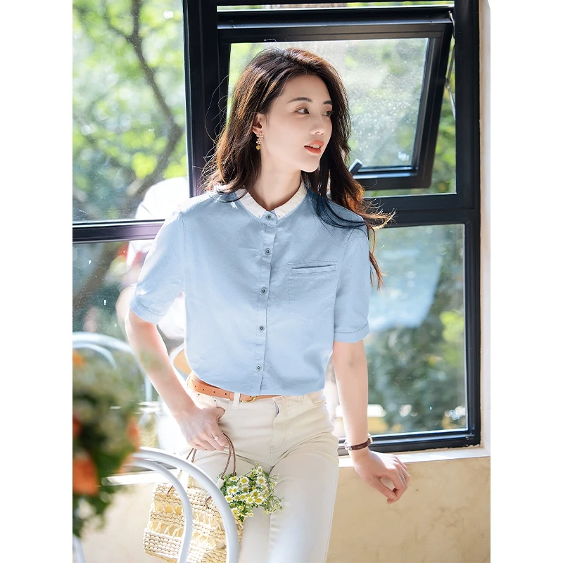 红念蓝色小众衬衫女短袖设计感夏季2025新款女装气质时尚衬衣上衣