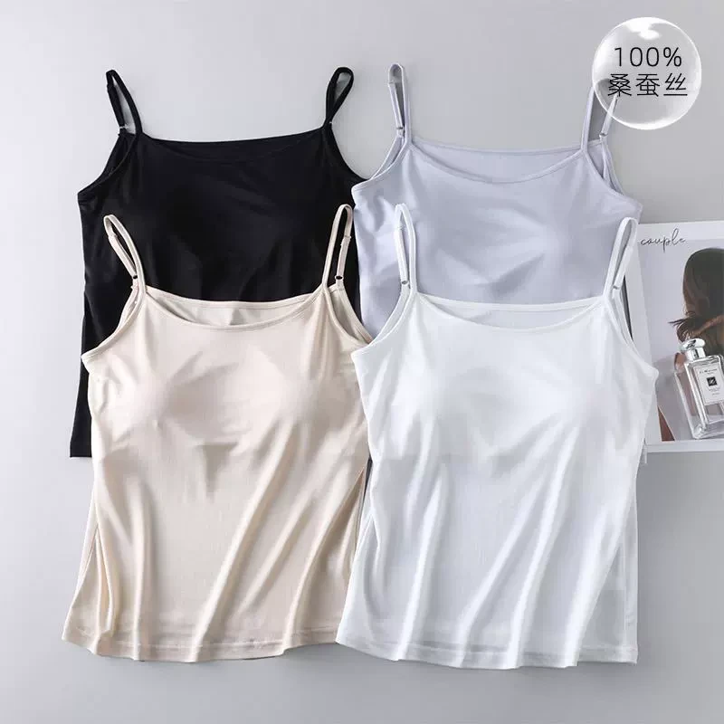 6A高品质100%桑蚕丝有胸垫防凸点短吊带 针织真丝防走光居家背心