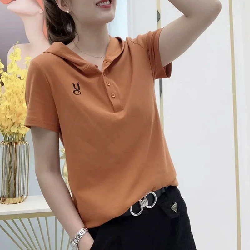 t恤女2025新款夏季休闲小众短袖韩版时尚百搭显瘦连帽洋气上衣