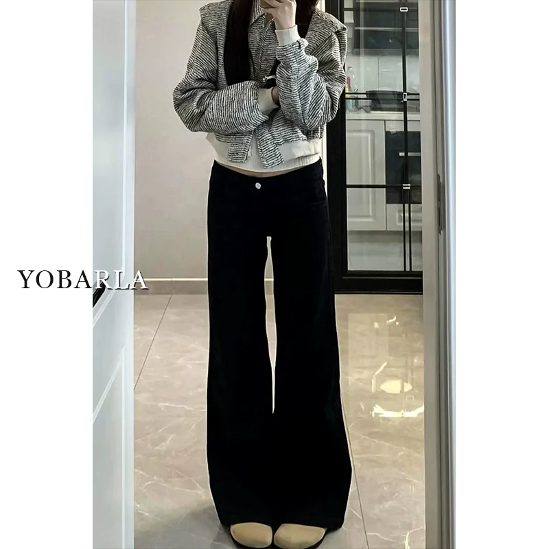 黑色微喇牛仔裤女秋冬加绒大码弹力显瘦阔腿马蹄裤子微喇裤