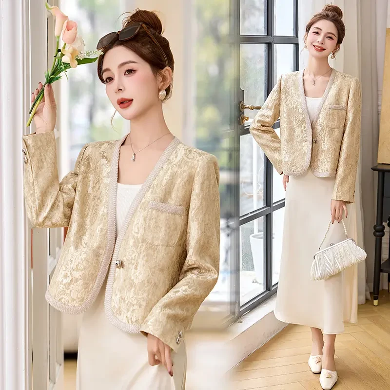 D077长袖复古提花香槟色小香风时尚洋气减龄短外套春季薄款淑女