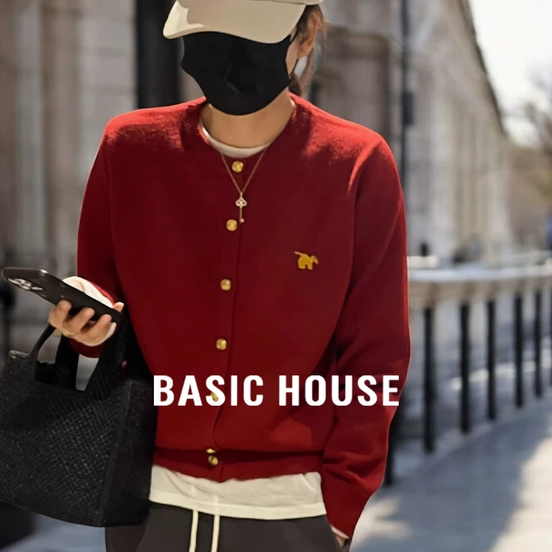 Basic House/百家好开秋穿搭红色毛衣外套女2025新款短款针织开衫