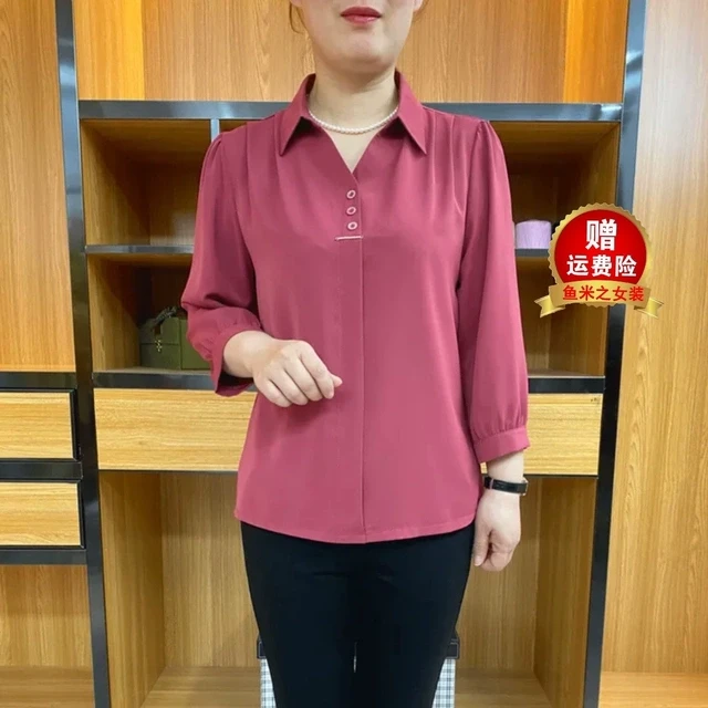 中老年九分袖雪纺衬衫女2025年春季新款妈妈装木耳边衬衣气质上衣