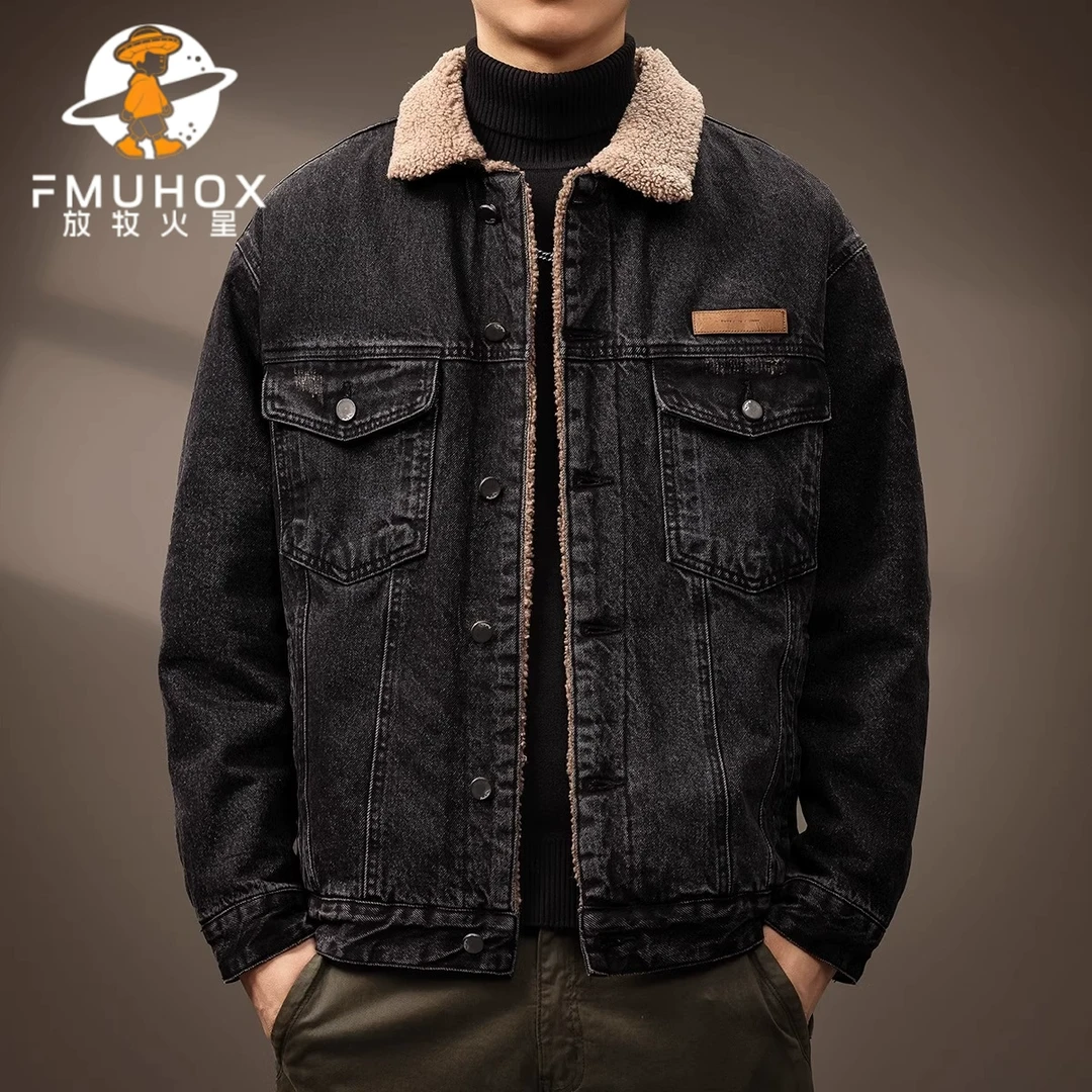 @放牧火星 美式复古夹克男士冬季加厚羊羔绒翻领棉衣宽松潮流外套
