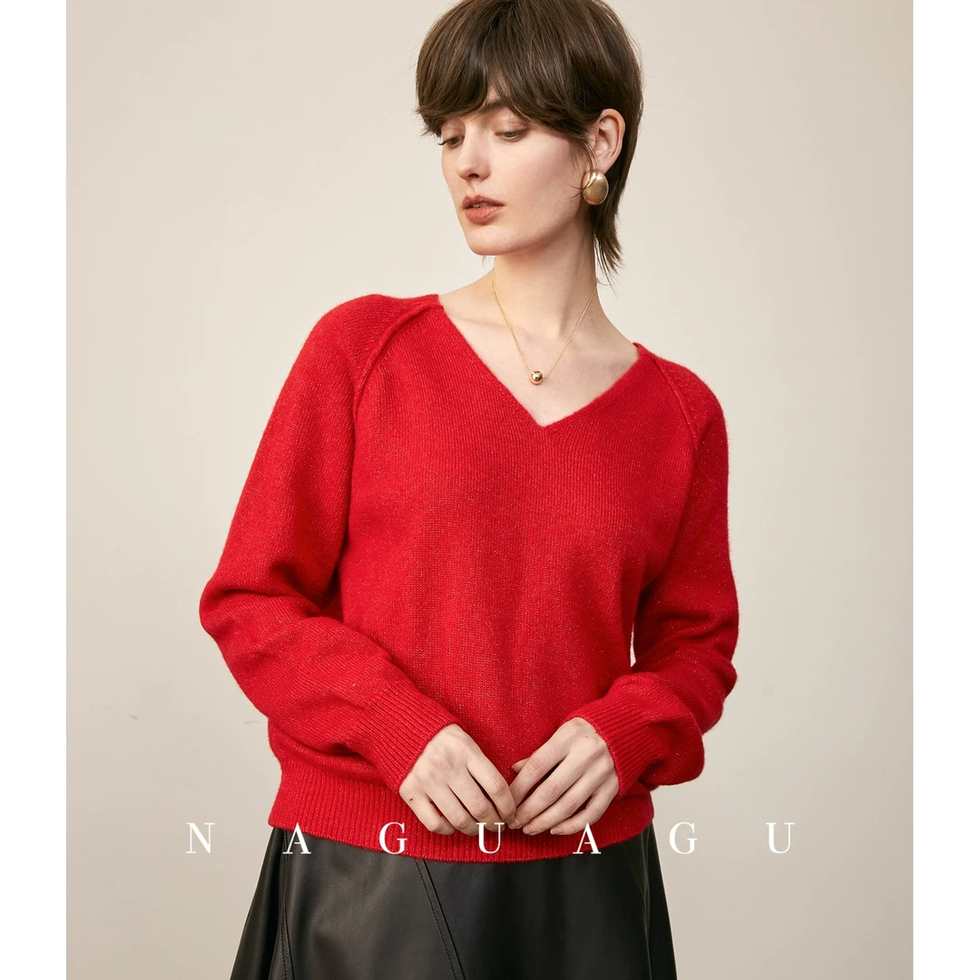 【云朵收藏家】秋冬康宝莱篁家羊驼毛+绵羊毛V领针织衫清仓上衣毛衣