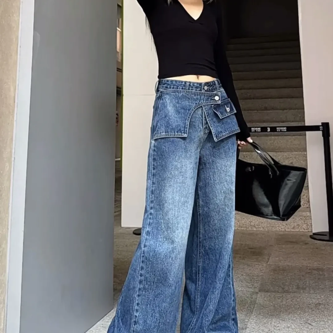 美式复古设计感弯刀显瘦蓝色牛仔阔腿裤