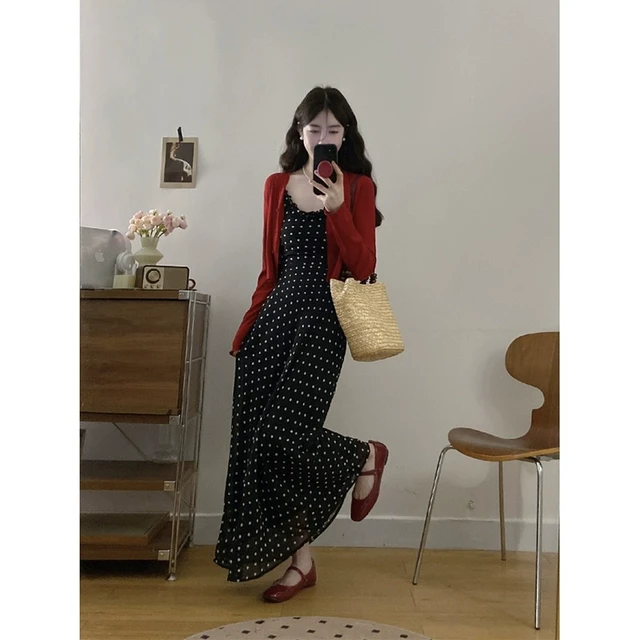大码法式波点连衣裙女夏季梨形身材吊带裙胖MM遮肚子显瘦裙子套装