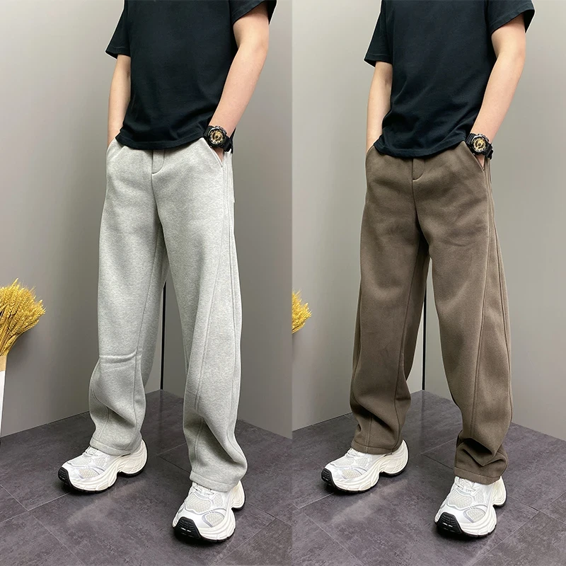 2025新款冬季加绒加厚简约百搭弯刀休闲裤男士宽松显瘦直筒运动裤