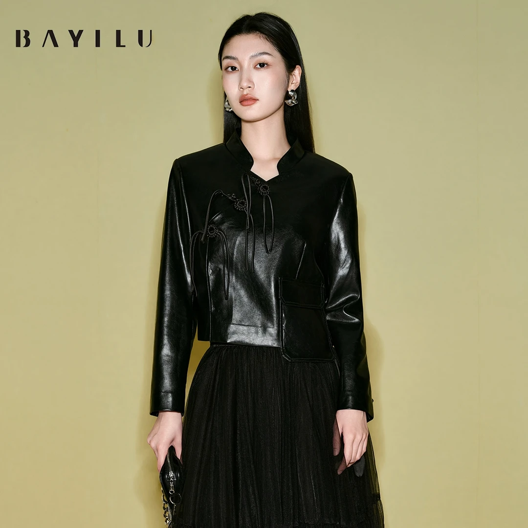 【女乔】芭依璐2025春季新款皮衣时尚黑色外套91W5001