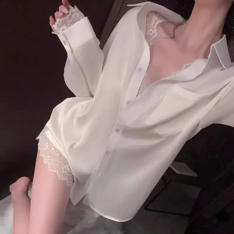 性感睡衣夏季款女2025新款高级感长袖纯欲宽松蕾丝白衬衫睡裙家居