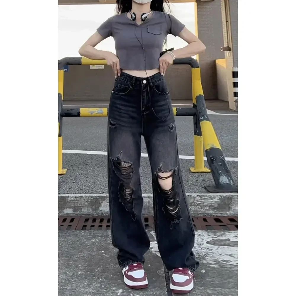 破洞水洗工装乞丐牛仔裤男夏季美式高街vibe潮牌宽松直筒阔腿裤子