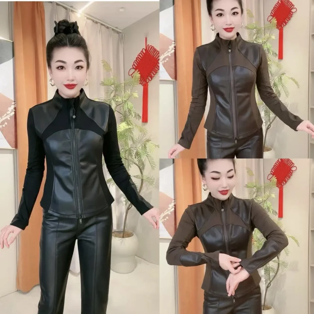 深圳重工皮U拼接女秋冬高级感加绒弹力拉链开衫显瘦上衣打底外套