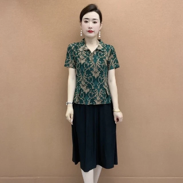 洋气假两件妈妈装连衣裙 夏季显瘦时尚减龄妈妈装连衣裙