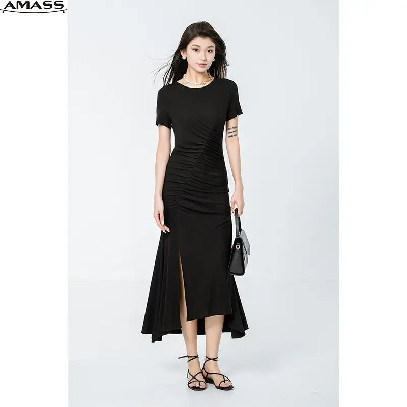 AMASS/阿玛施夏季时尚性感修身曲线感短袖开叉女装连衣裙 5500505