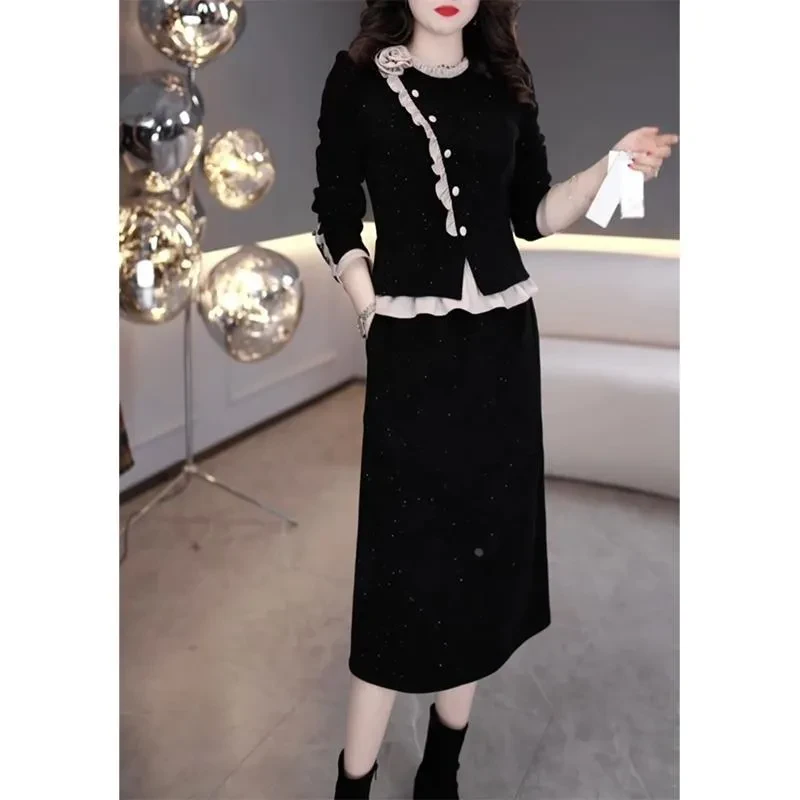 高贵洋气假两件长袖连衣裙女2025春秋新款配大衣妈妈加厚打底裙子