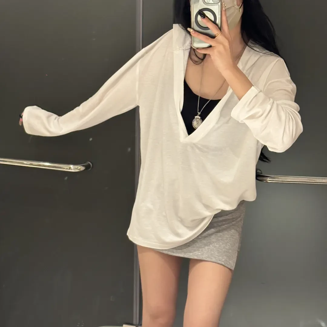 慵懒风2025宽松薄款显瘦纯色休闲连帽防晒长袖v领上衣T恤