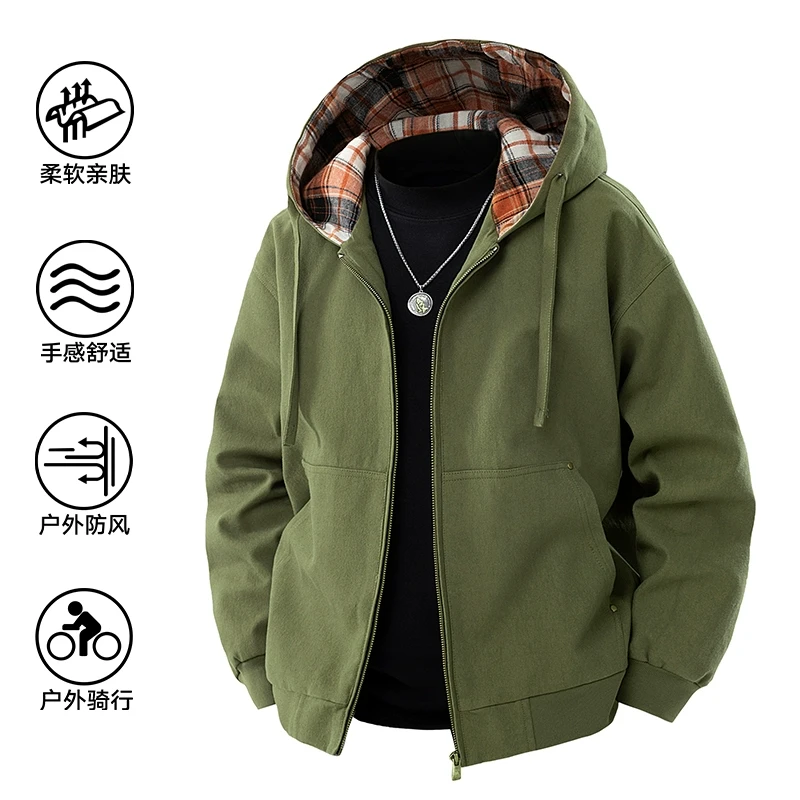 HUCN品牌正品休闲百搭连帽夹克男女春秋季日系格子宽松撞色外套