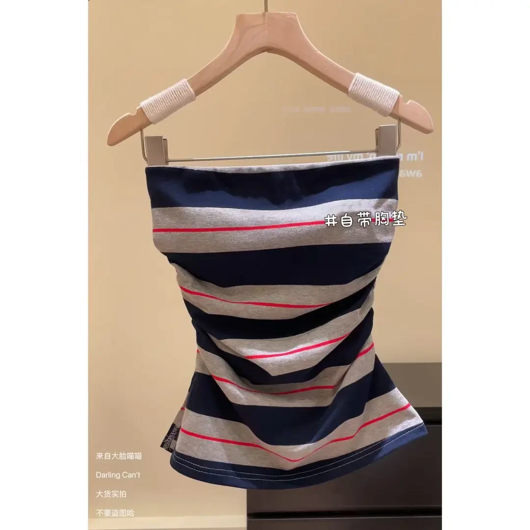 大脸喵 2带胸垫防滑条 时髦精穿搭 字母条纹撞色抹胸背心外穿叠穿