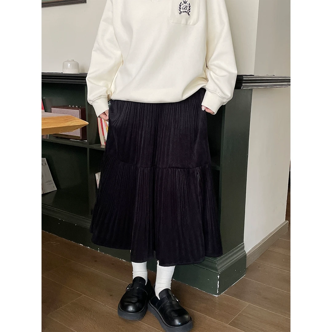 BUMENYLEE丝绒百褶半身裙女胖mm秋冬高腰a字垂感中长款伞裙