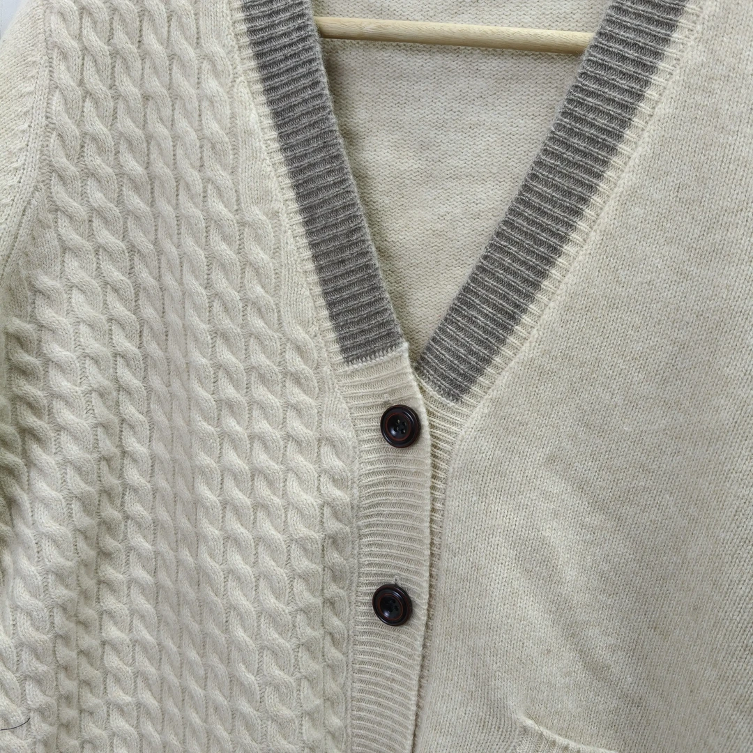 秋冬新款宽松美拉德拼色纯羊毛针织开衫女外套