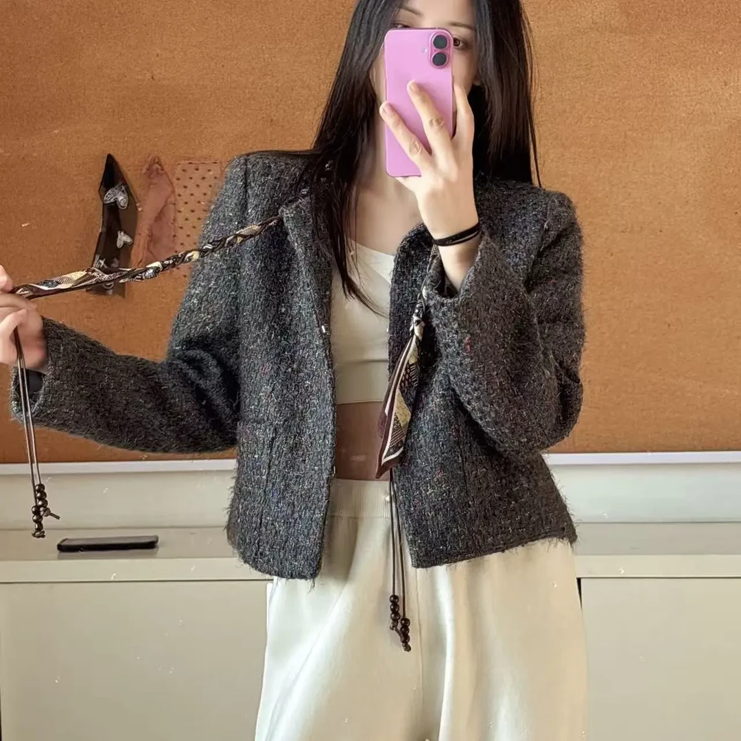 粗花呢宽松型女小香风时尚秋季单排扣短外套插肩袖