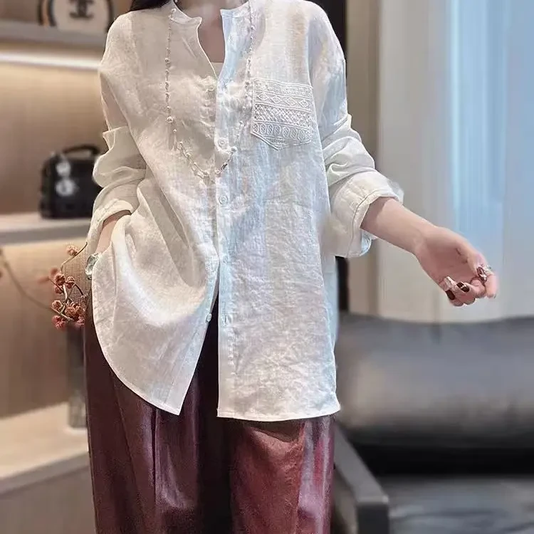 100%亚麻拼接蕾丝长袖衬衫后背V形蕾丝花边设计感口袋刺绣