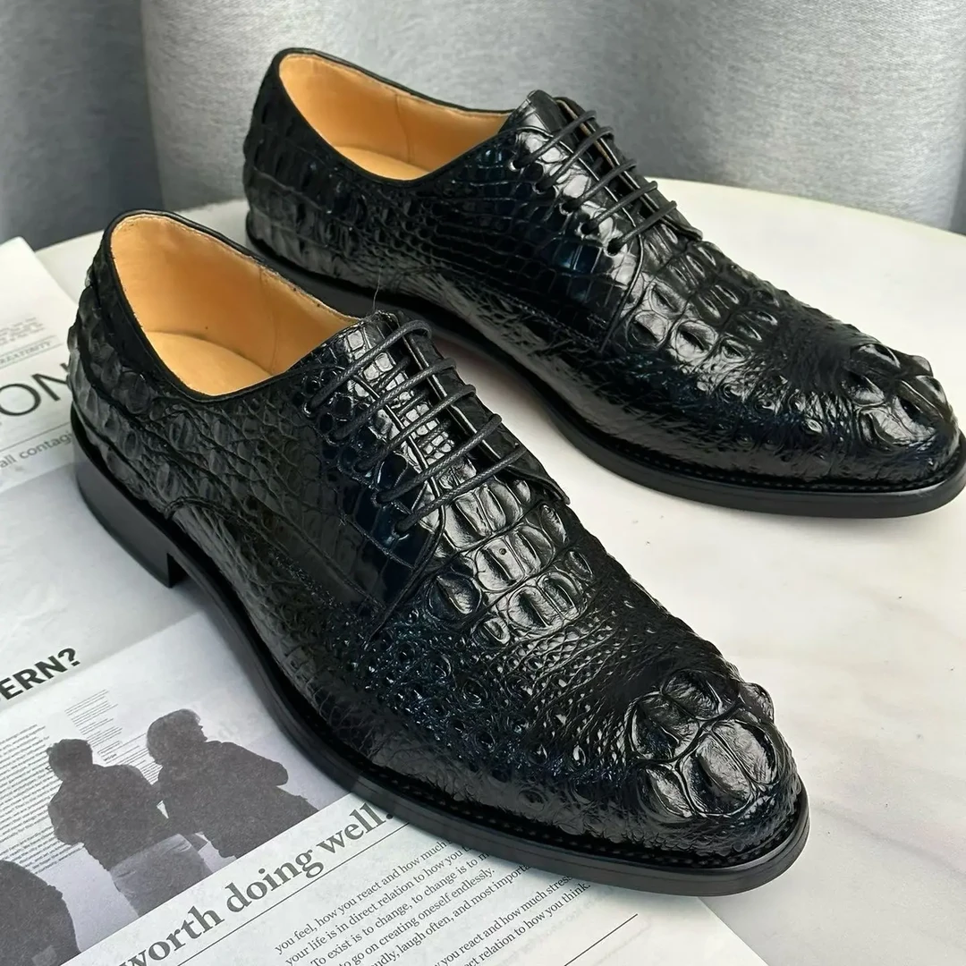 鳄鱼皮 男士系带商务正装固特异手工头骨德比鞋《高端时尚》