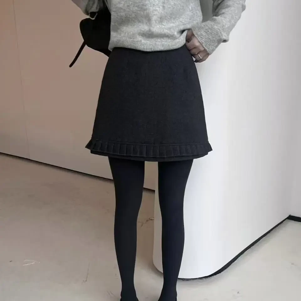 高腰显瘦百搭毛呢半身裙女冬季韩系A字短裙木耳边设计感