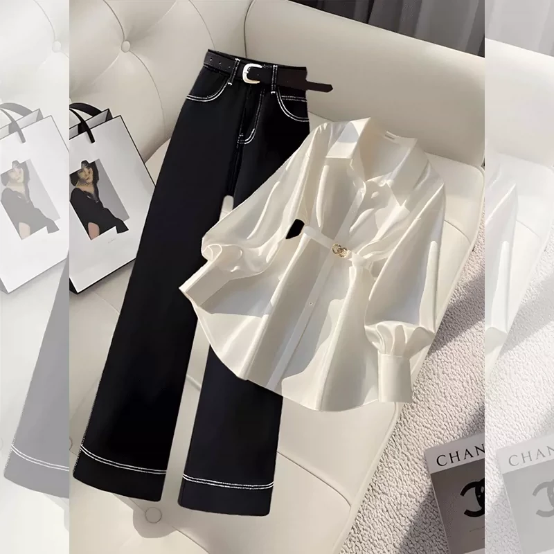 白色衬衫女2025春季百搭牛仔裤女款独特超好看开春穿搭套装两件套